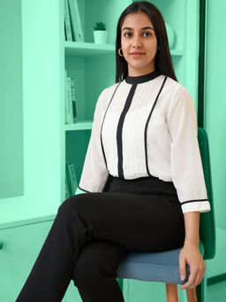 FableStreet - Color Block High Neck Top - White and Black