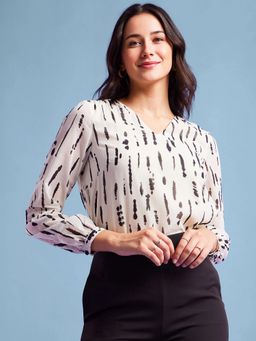 FableStreet - Printed Print V-Neck Top - Off White and Black