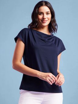 FableStreet - Cowl Neck Drop Shoulder Top - Navy Blue