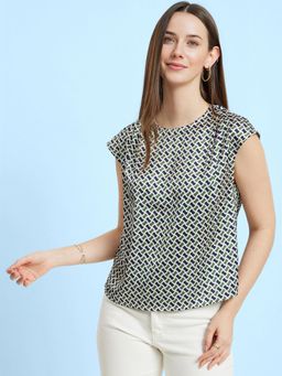FableStreet - Geometric Drop Shoulder Top - White And Navy