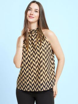 FableStreet - Halter Neck Geometric Top - Beige And Black