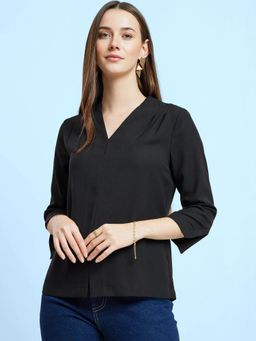 FableStreet - V Neck Pleat Detail Top - Black