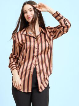 FABLE STREET - Satin Stripes Shirt - Brown And Beige