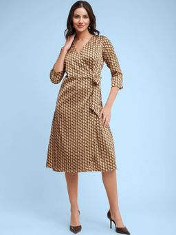 FableStreet - Geometric Print Wrap Dress - Brown And Beige