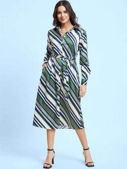 FableStreet - Stripes Button Down Dress - Olive And Navy (Set of 2)