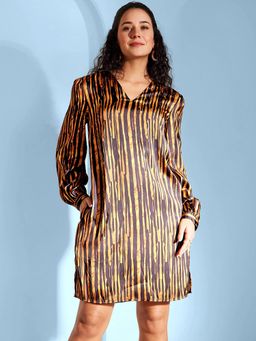 FableStreet - FS X PF Satin Abstract Print Dress - Black and Gold