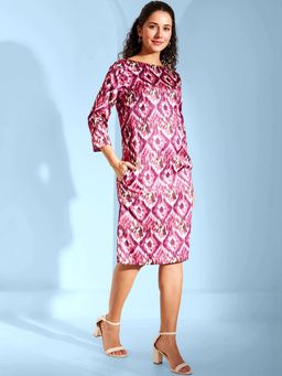 FableStreet - FS X PF Ikkat Print Boat Neck Dress - Pink And Purple