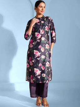 FABLE STREET - FS X PF Chanderi High Slit Kurta and Trousers Co-Ord - Navy Blue (Set of 2)