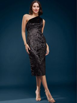 FableStreet - One Shoulder Velvet Dress - Black
