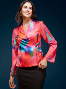 FableStreet - Abstract Print Satin Top - Multicolour