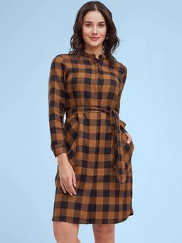 FABLE STREET - Mandarin Collar Plaid Dress - Black and Brown (Set of 2)