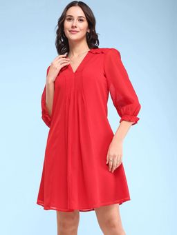FableStreet - Pintuck A-Line Dress - Red