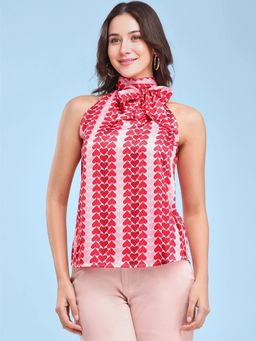 FABLE STREET - Satin Tie Up Neck Top - Pink and Red