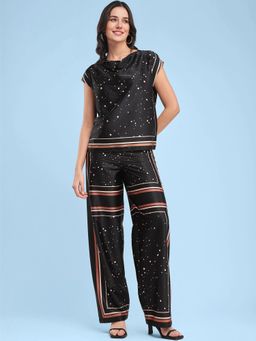 FableStreet - Scarf Polka Dots Print Top and Trousers Co-Ord - Black (Set of 2)