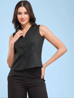 FableStreet - Woven Stripes Waist Coat - Black