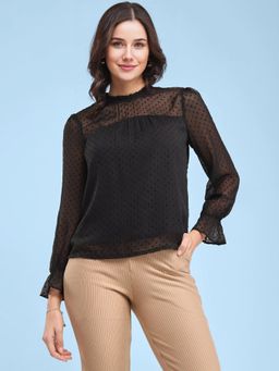 FableStreet - Chiffon Ruffle Neck Top - Black