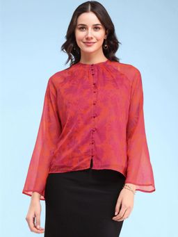 FableStreet - Chiffon Round Neck Top - Orange