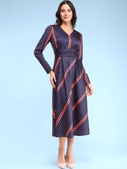 FableStreet - Striped Fit & Flare Dress - Navy Blue
