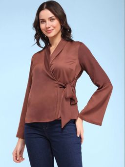 FABLE STREET - Satin Striped Wrap Top - Brown