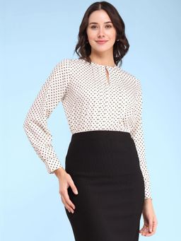 FableStreet - Polka Print Pleat Detail Top - Off-White