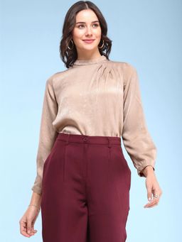 FableStreet - Satin Shoulder Pleat Detail Top - Beige