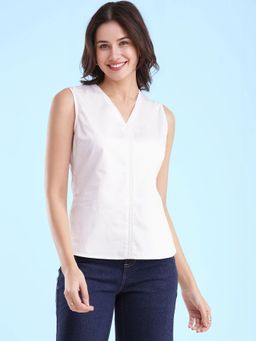FableStreet - White Cotton Satin V-Neck Top