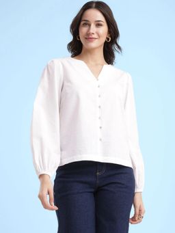 FableStreet - White Cotton Linen V Neck Top