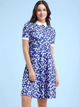 FableStreet - Blue & White Floral Print Knitted Dress
