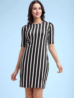 FableStreet - White & Black Striped Knitted Shift Dress