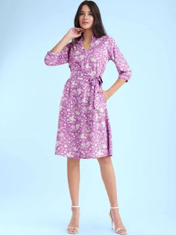 FableStreet - Floral Print Dress & Belt - Lilac (Set of 2)