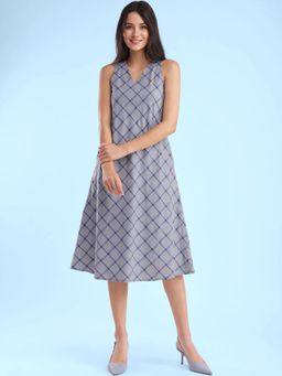 FableStreet - Cotton Checkered Dress - Navy Blue And White