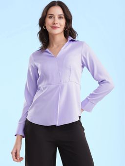 FableStreet - Collared V Neck Top - Lilac