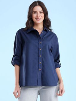 FableStreet - Linen Oversized Shirt - Navy Blue