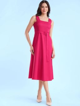 FableStreet - Fit And Flare Dress with Belt - Fuchsia Pink (Set of 2)
