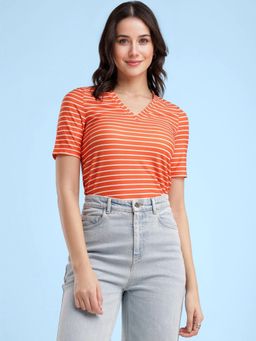 FableStreet - Orange and White Striped Knitted T-Shirt
