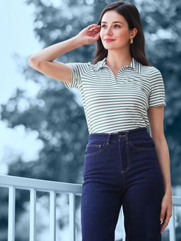 FableStreet - Green and White Striped Knitted T-Shirt