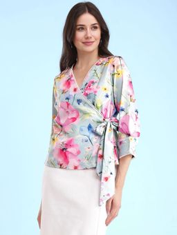 FableStreet - Floral Wrap Top Blue