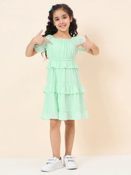 StyloBug - Girls Solid Green Polyester Midi Dress