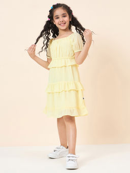 Stylo Bug - Girls Solid Yellow Polyester Midi Dress