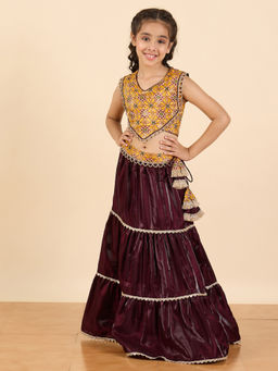 Stylo Bug - Girls Yellow Embroidery V-Neck Sleeveless Lehenga and Choli