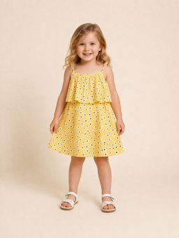 Stylo Bug - Girls Yellow Floral Printed A-Line Sleeveless Dress