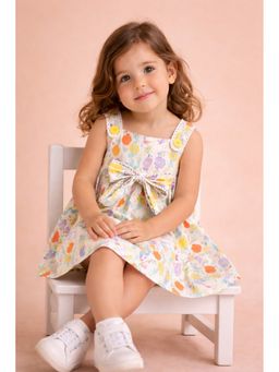 Stylo Bug - Girls Off White Floral Printed Square Neck A-Line Dress