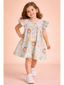 Stylo Bug - Girls All Over Print Blue Round Neck Short Sleeves Knee Length A-Line Dress