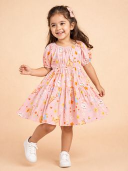 Stylo Bug - Girls All Over Print Pink Round Neck Short Sleeves Knee Length A-Line Dress