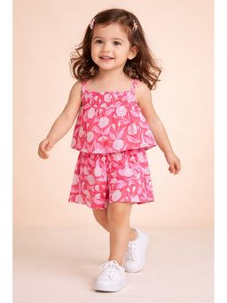 Stylo Bug - Girls Red Floral Printed Jumpsuit