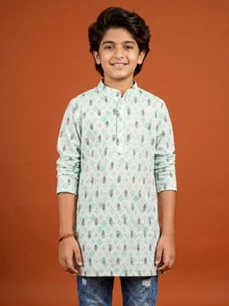 KiddoPanti - Boys Cotton Pastel Mint Green Buti Printed Short Kurta