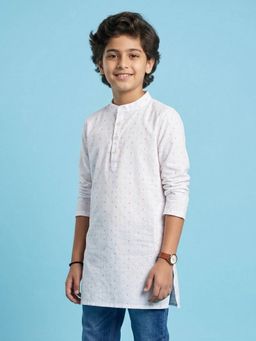 KiddoPanti - Boys White Cotton Printed Short Kurta