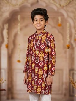 KiddoPanti - Boys Maroon Cotton Bandhani Printed Kurta