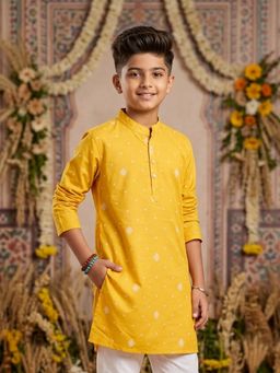 KiddoPanti - Boys Mustard Cotton Printed Kurta