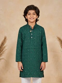 KiddoPanti - Boys Teal Cotton Sequined Kurta
